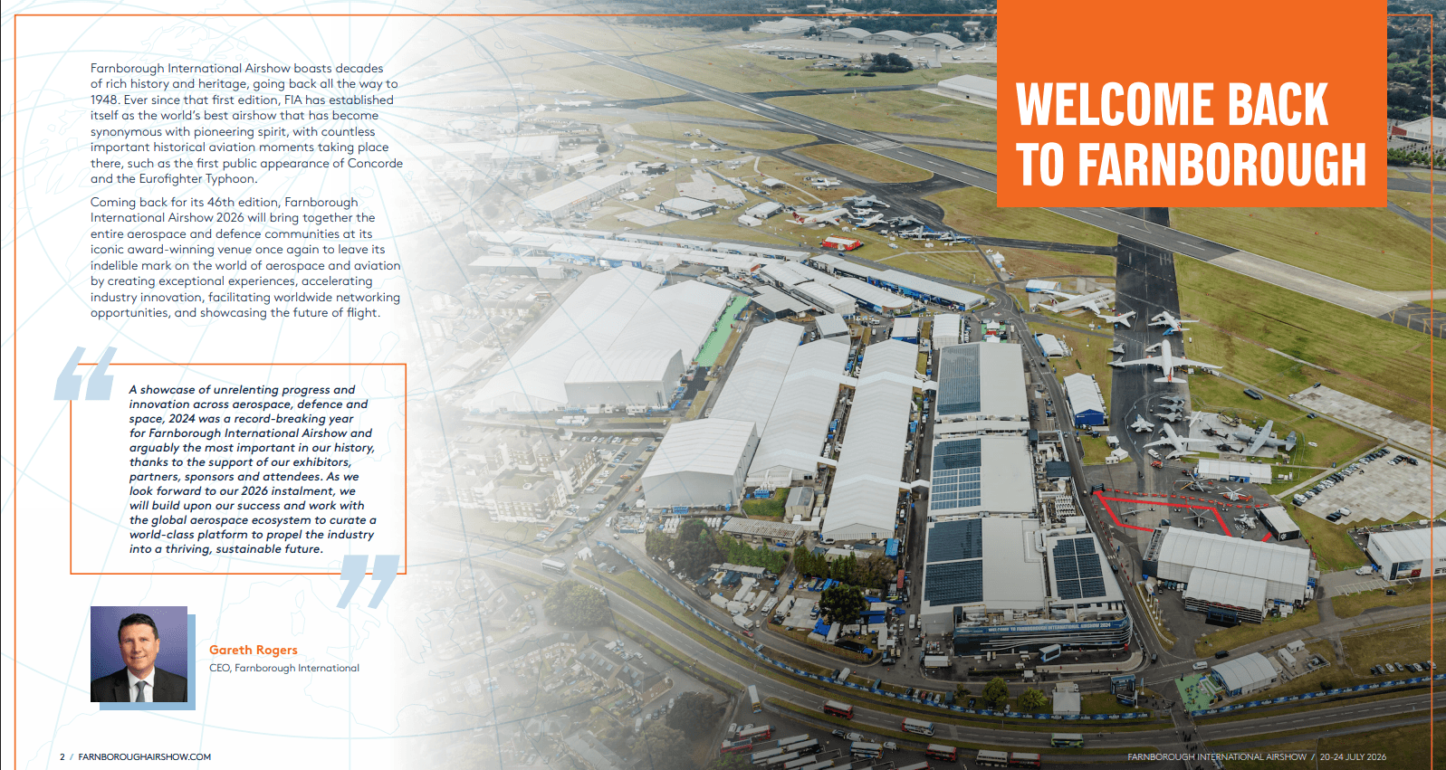 Aerial view of Farnborough International Airshow grounds with exhibition tents, aircraft on display, and a welcome banner.