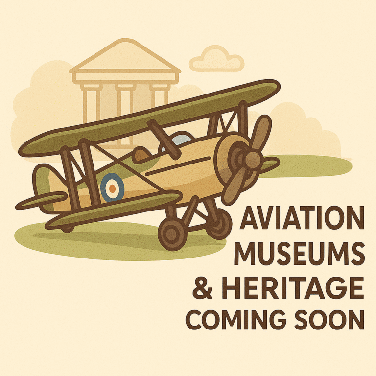 illustration of a vintage biplane with text: "aviation museums & heritage coming soon.