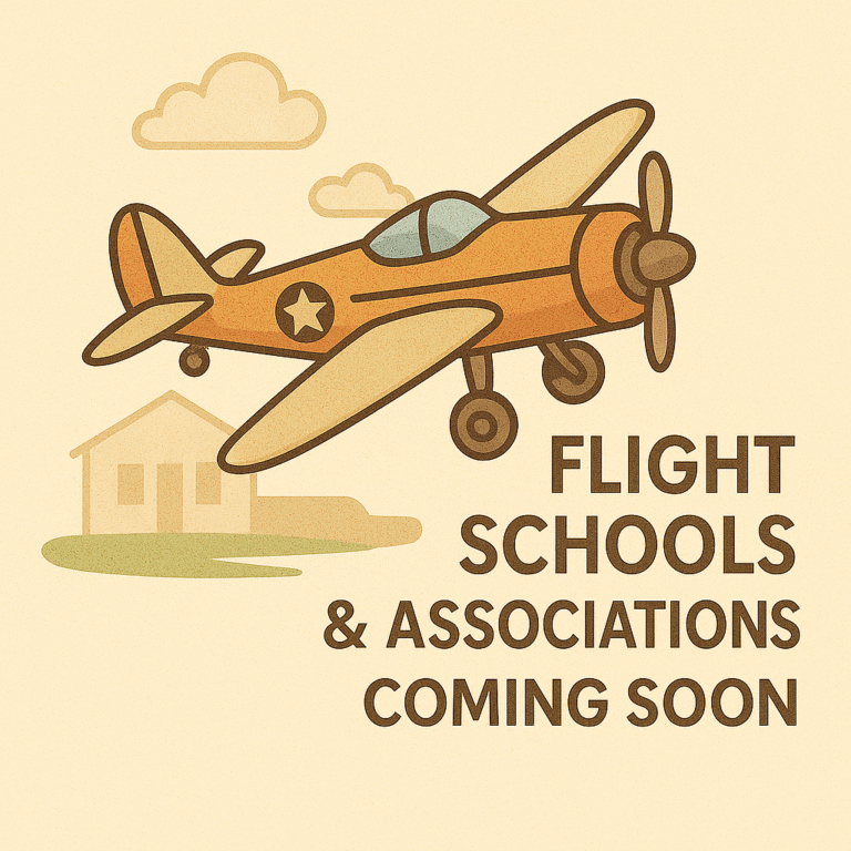illustration of a vintage airplane flying over a house with text: "flight schools & associations coming soon. illustration of a vintage airplane flying over a house with text: "flight schools & associations coming soon.