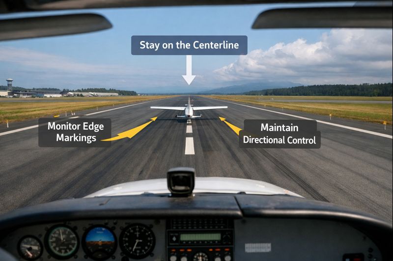 cockpit view of an airplane on a runway with labeled runway markings to guide student pilots during takeoff.