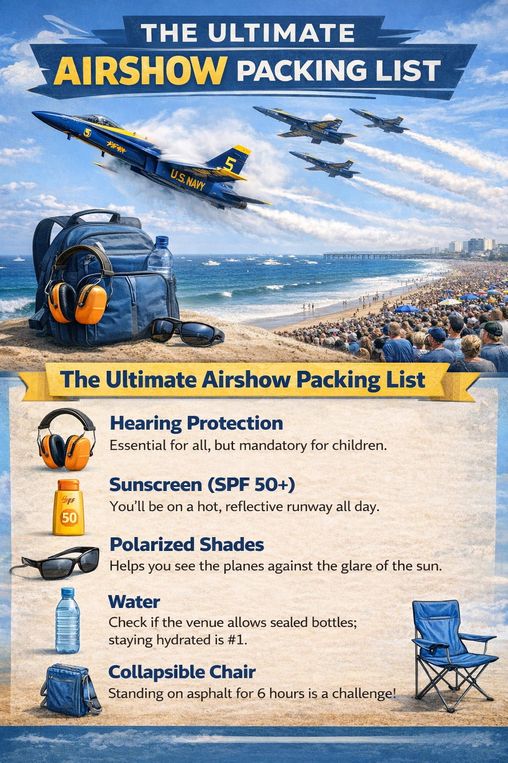 infographic: airshows usa packing list—ear protection, suncream, sunglasses, water, and a folding chair. aviation guide.