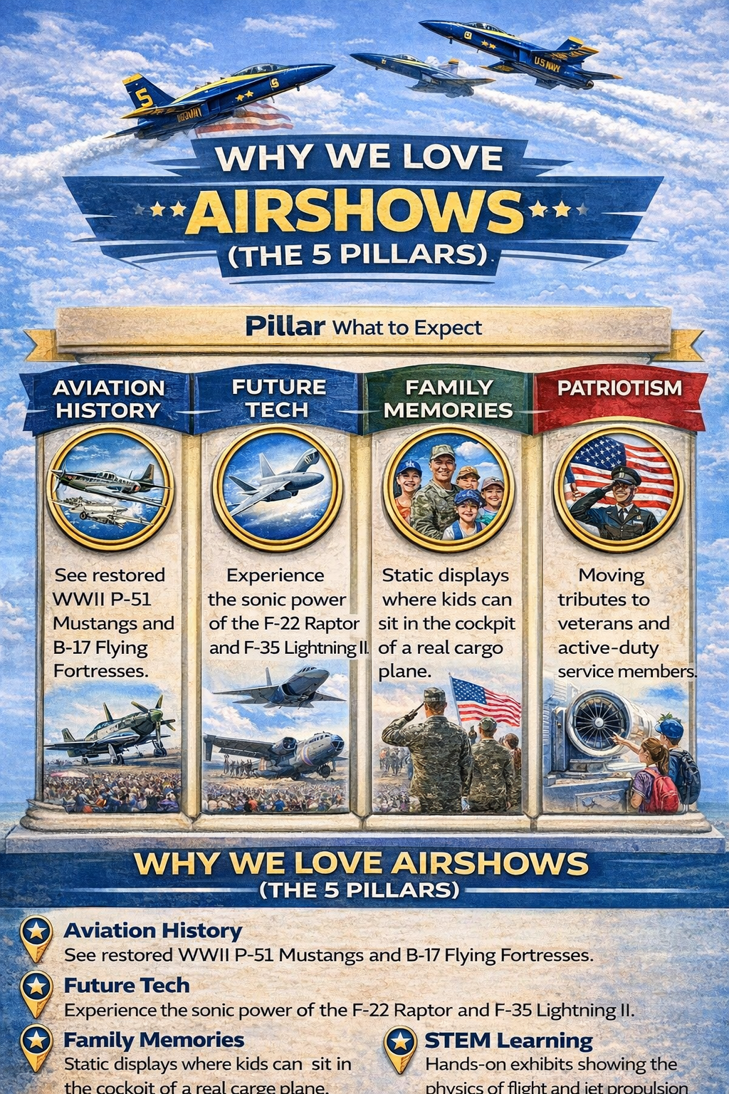 infographic showing five reasons people love the best airshows: history, tech, family, patriotism, and stem learning.