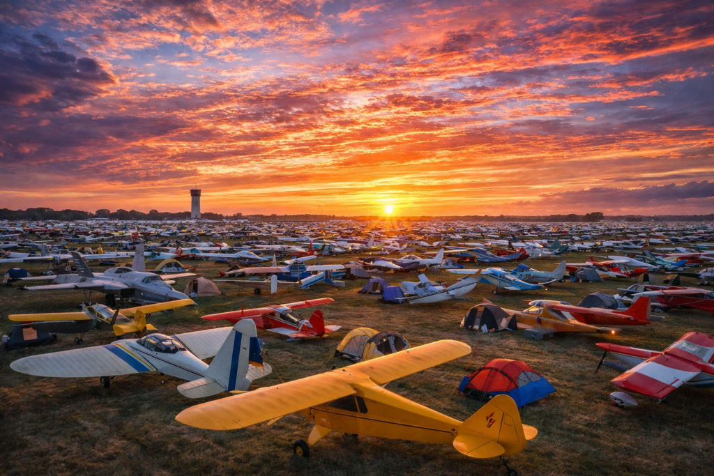 rows of small aeroplanes and tents at sunrise, perfect for any airshow guide or fans of the best airshows in the uk.