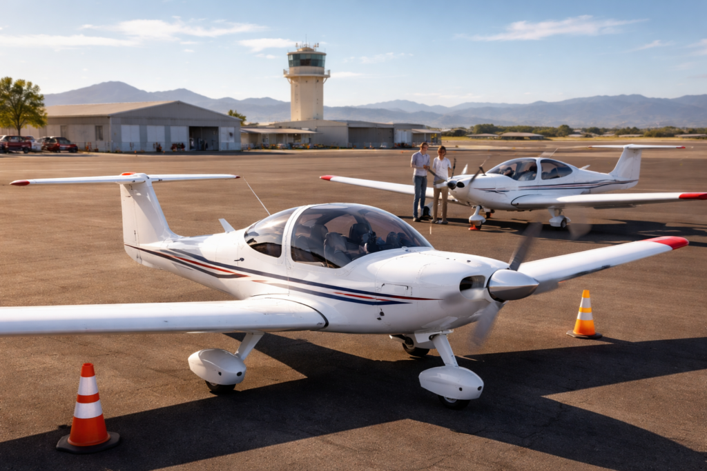 two small next generation trainer aircraft on the apron with people nearby and a control tower in the background.