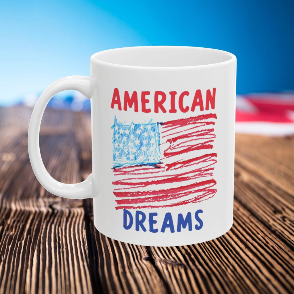 patriotic mug, american dreams red white blue independence day cup, 4th of july gift, stars and stripes coffee mug, usa patriotic tea cup,