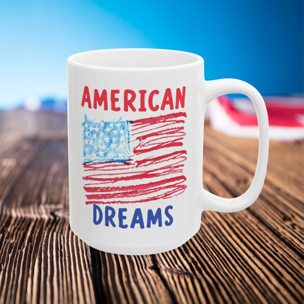 patriotic mug, american dreams red white blue independence day cup, 4th of july gift, stars and stripes coffee mug, usa patriotic tea cup,
