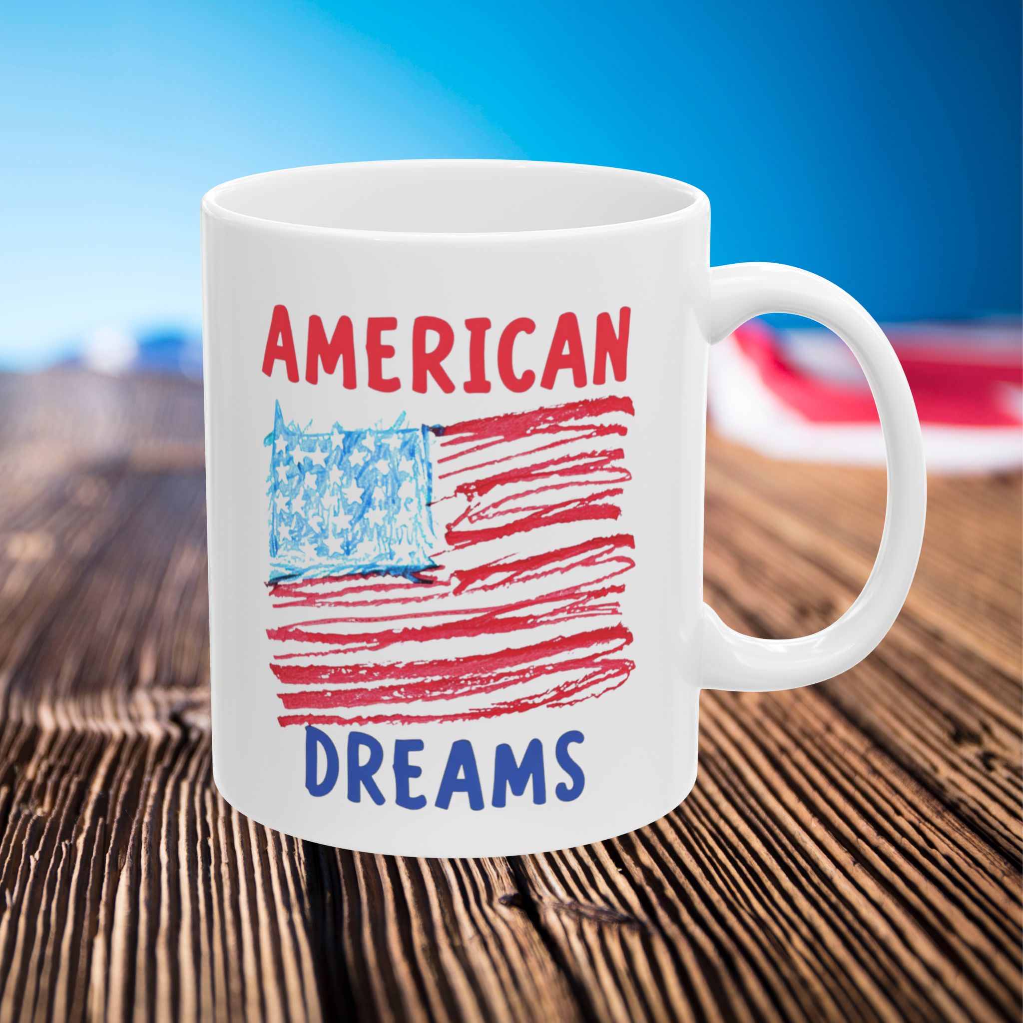 patriotic mug, american dreams red white blue independence day cup, 4th of july gift, stars and stripes coffee mug, usa patriotic tea cup,