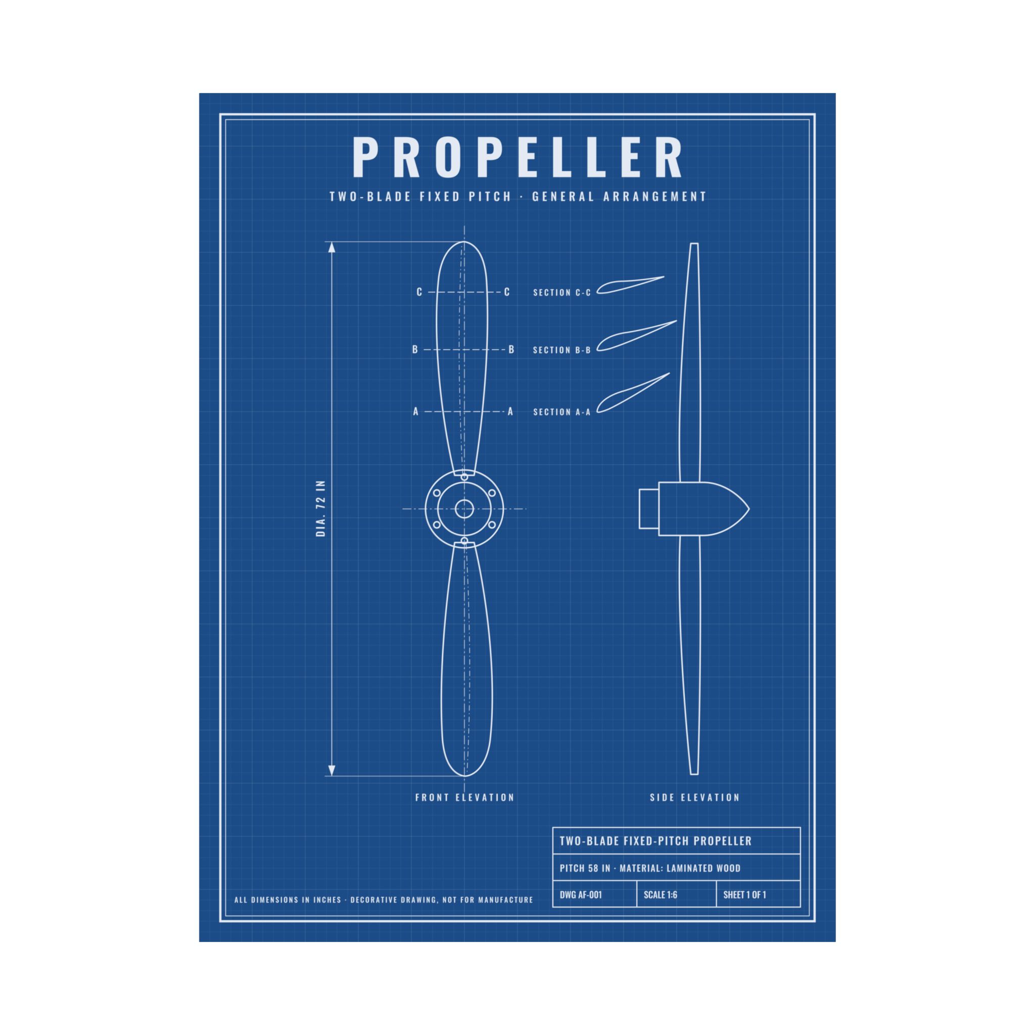 vintage propeller blueprint poster – matte aviation wall art