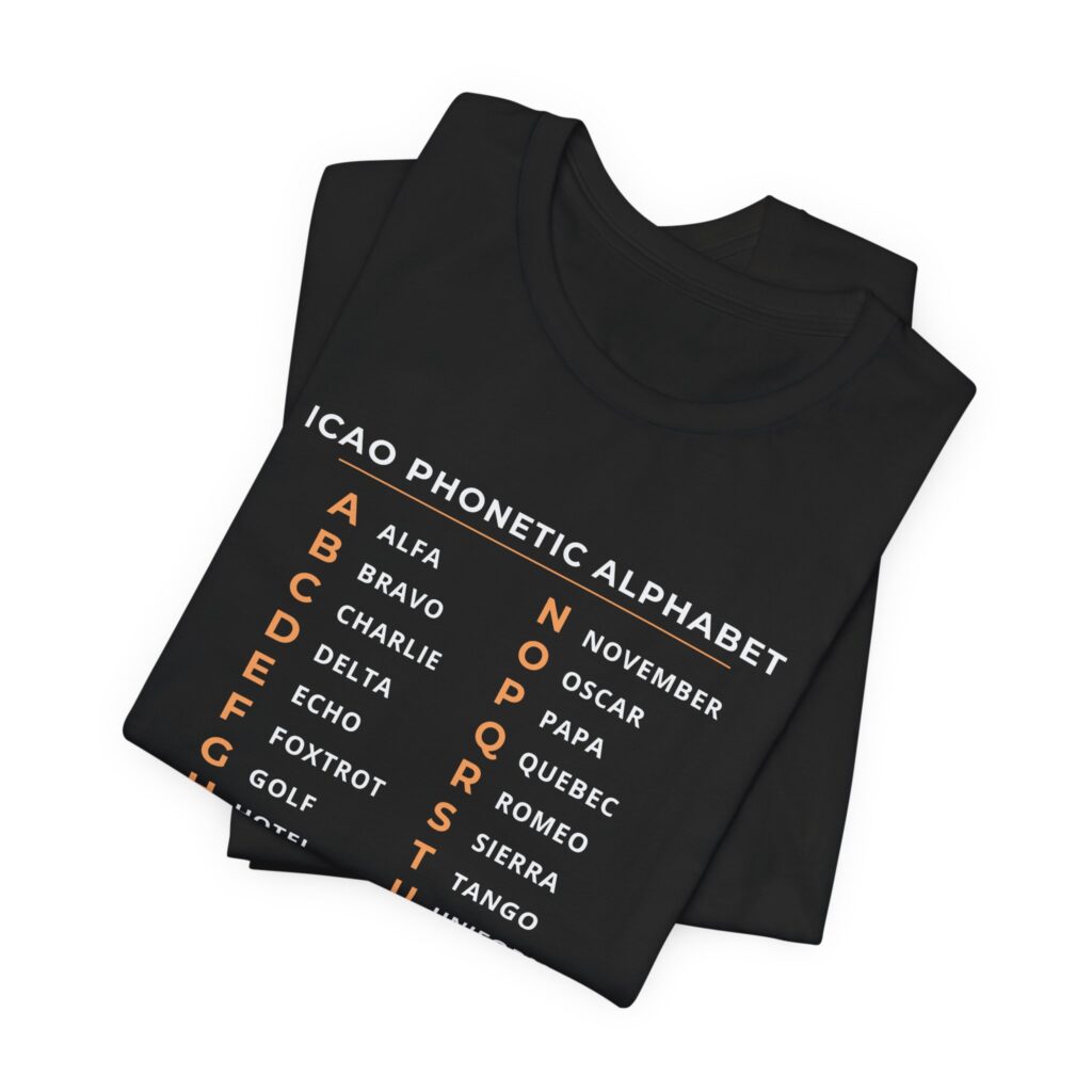 icao phonetic alphabet t shirt – alfa to zulu, unisex tee
