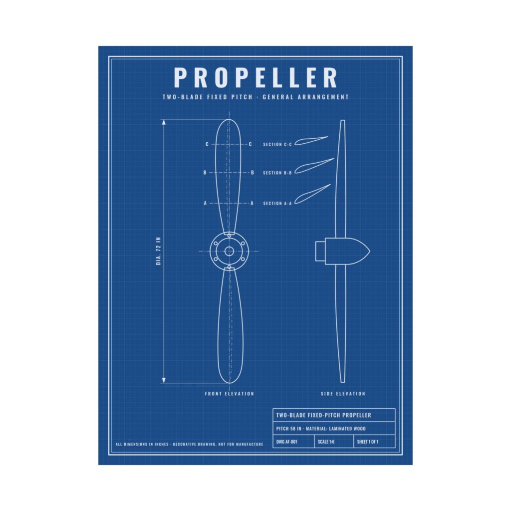 vintage propeller blueprint poster – matte aviation wall art