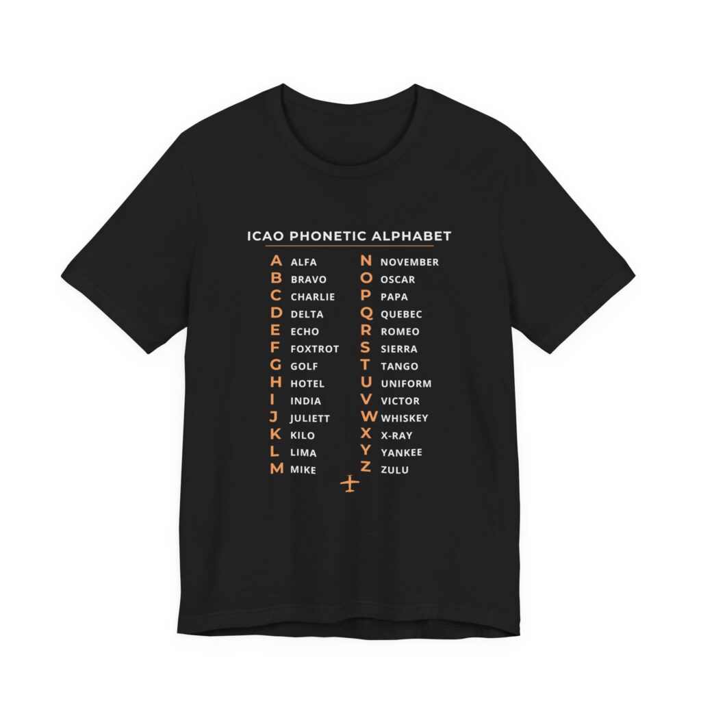icao phonetic alphabet t shirt – alfa to zulu, unisex tee