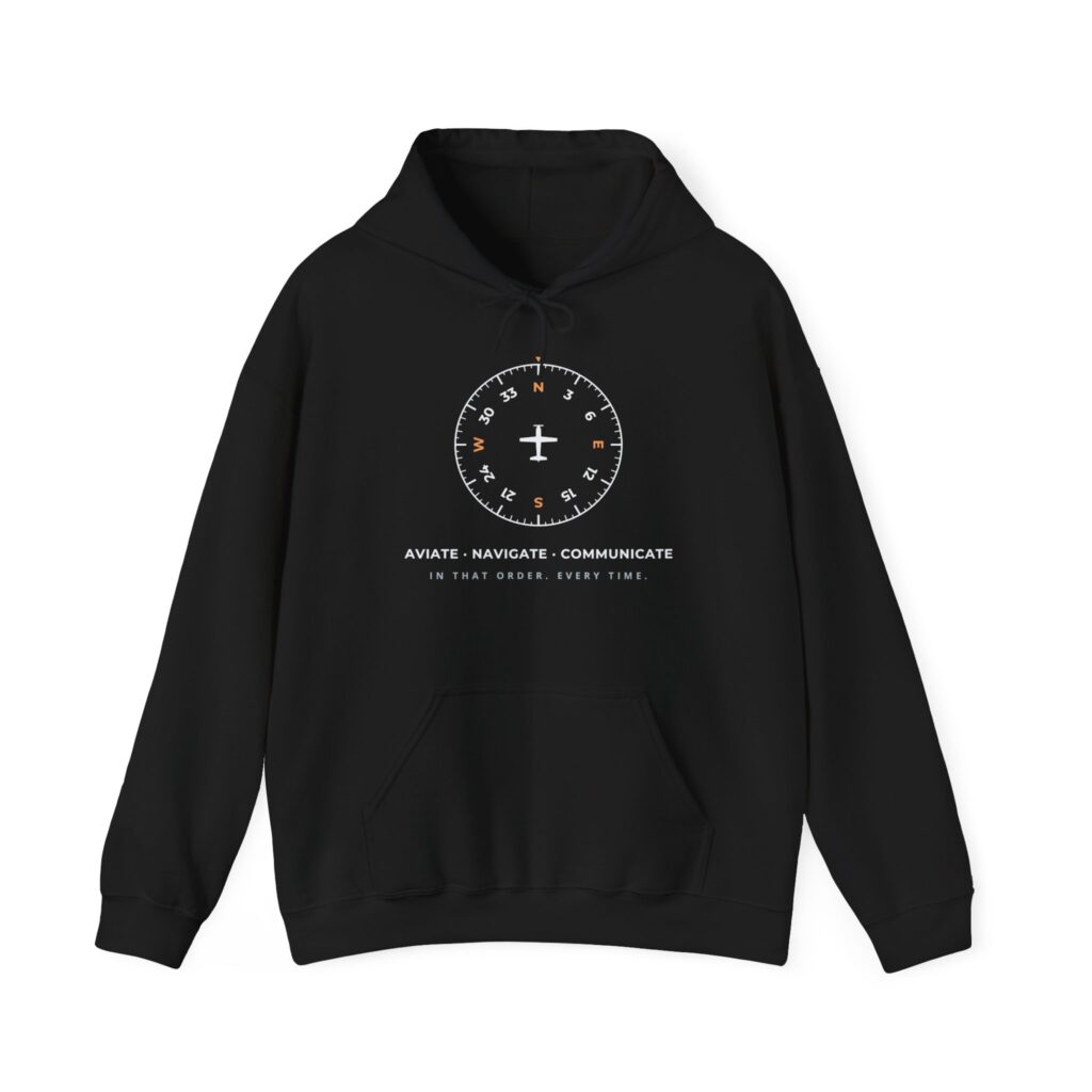 aviate navigate communicate hoodie – heading indicator design, unisex pullover