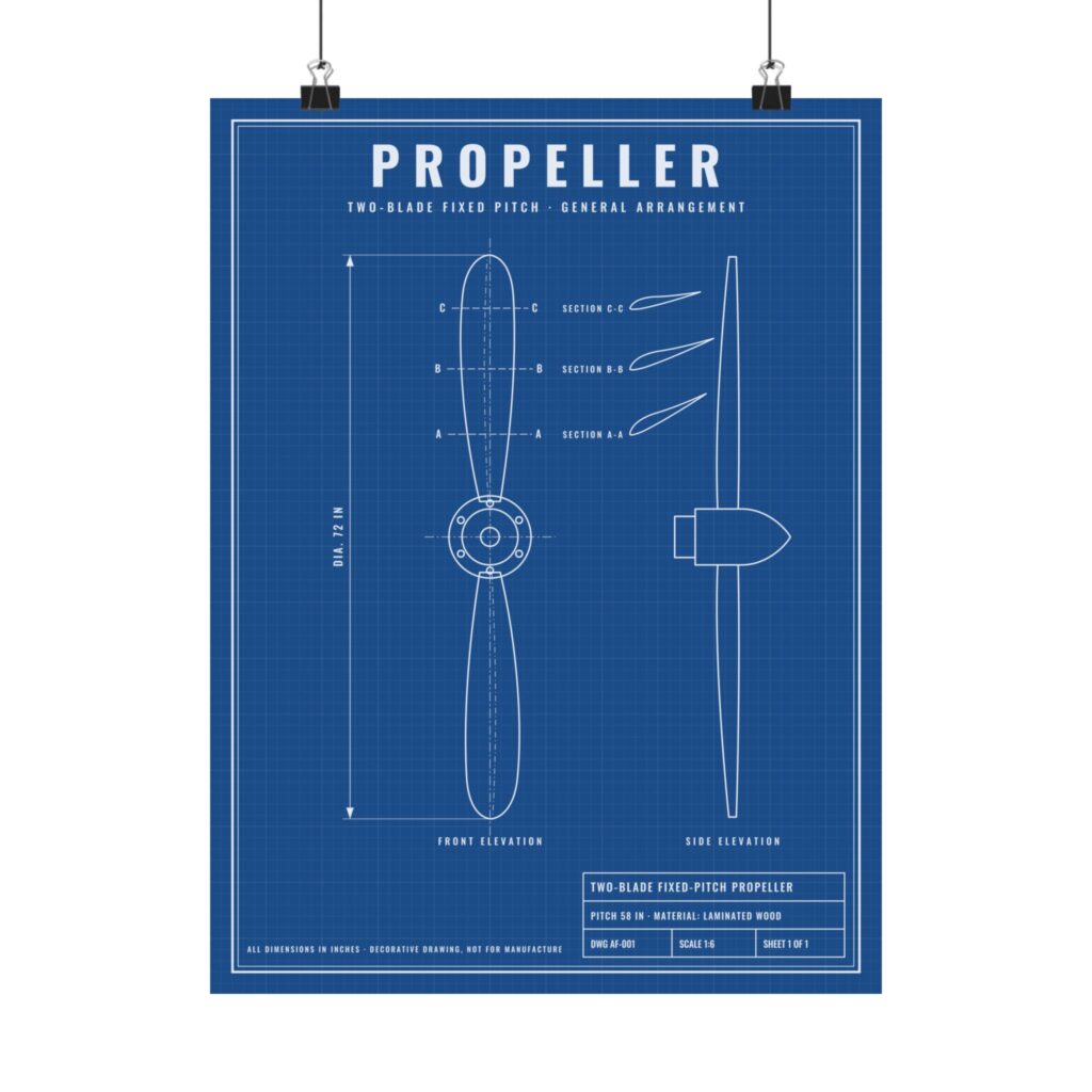 vintage propeller blueprint poster – matte aviation wall art