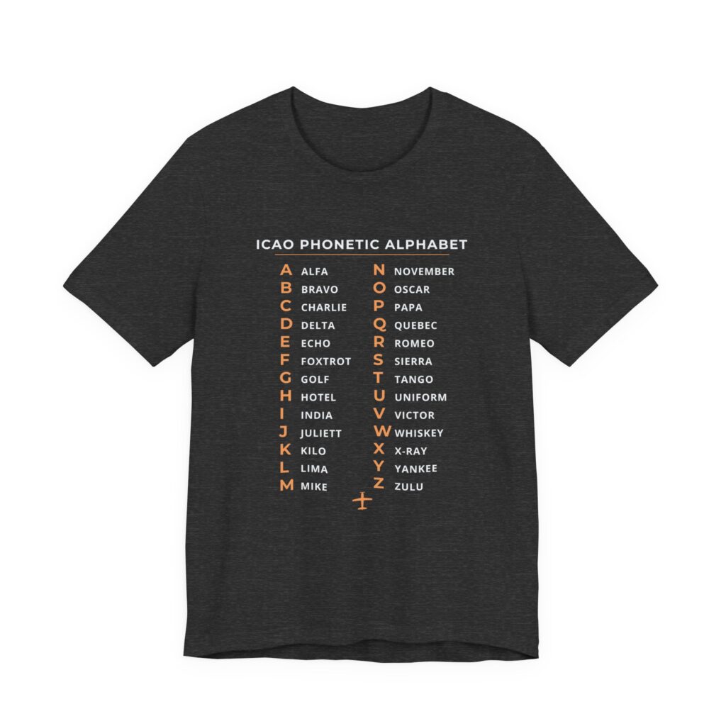 icao phonetic alphabet t shirt – alfa to zulu, unisex tee