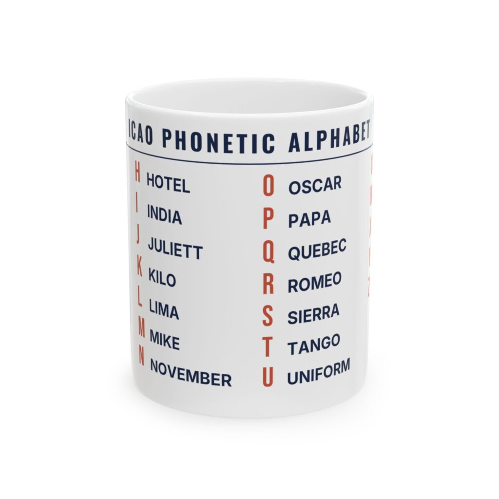 icao phonetic alphabet mug – alfa to zulu, 11oz / 15oz
