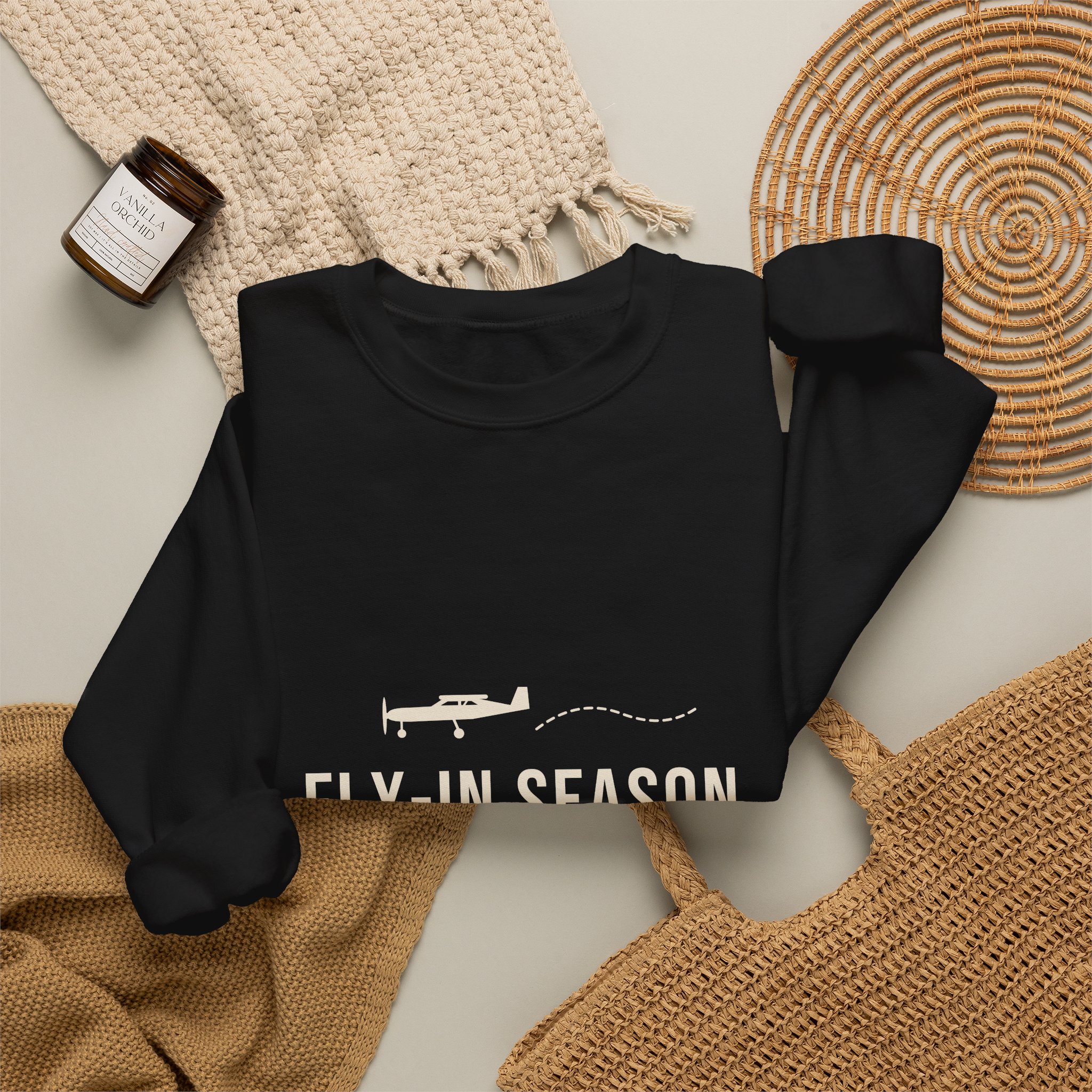 fly in season sweatshirt – light aircraft graphic, unisex crewneck