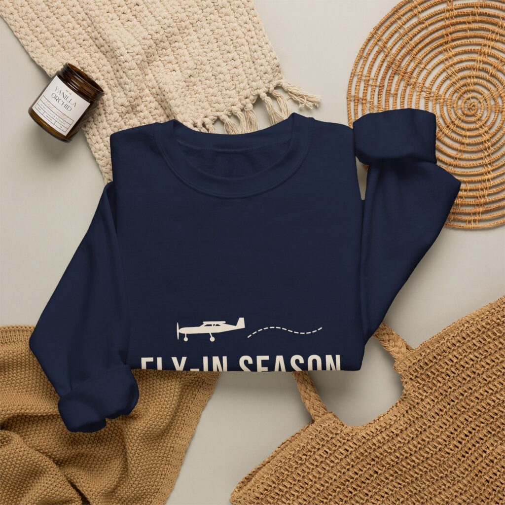 fly in season sweatshirt – light aircraft graphic, unisex crewneck