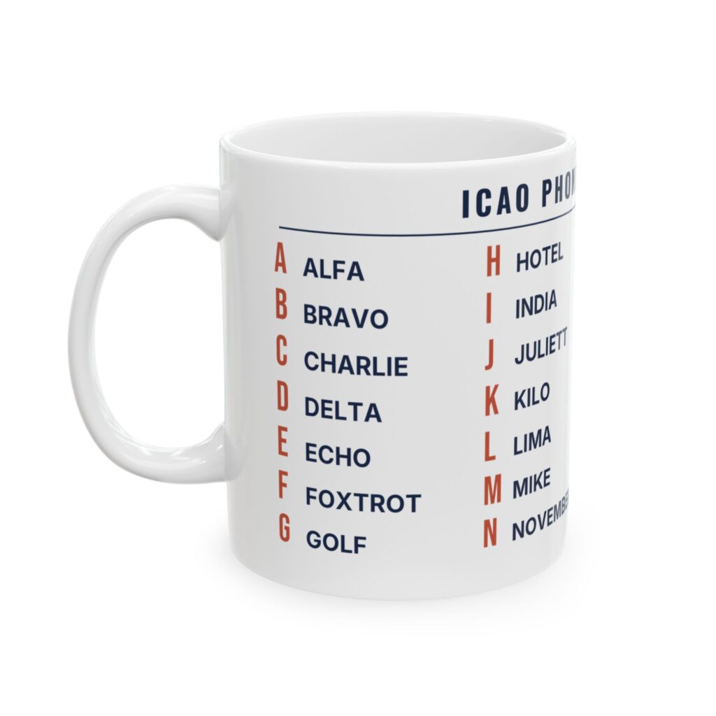 icao phonetic alphabet mug – alfa to zulu, 11oz / 15oz