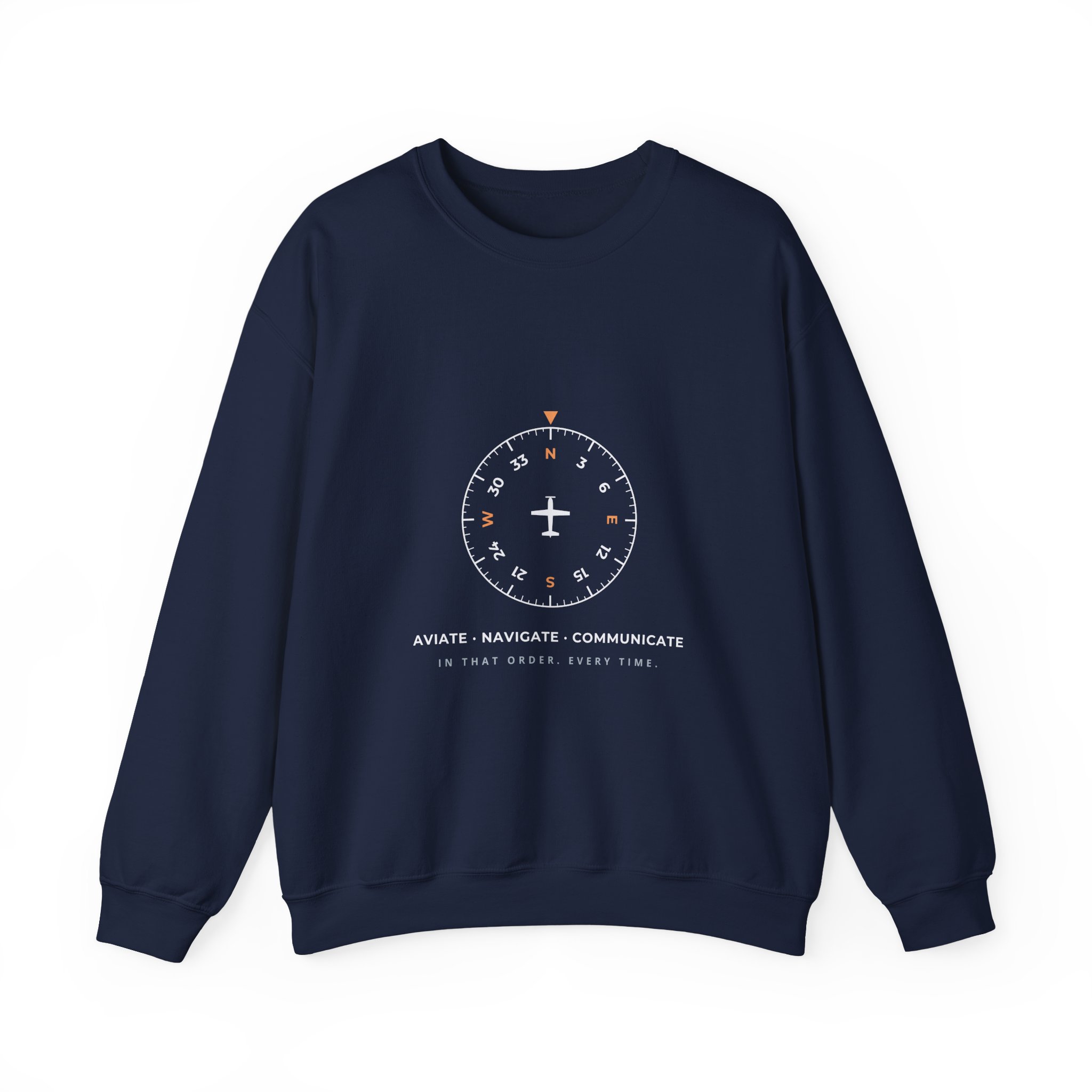 aviate navigate communicate sweatshirt – heading indicator design, unisex crewneck