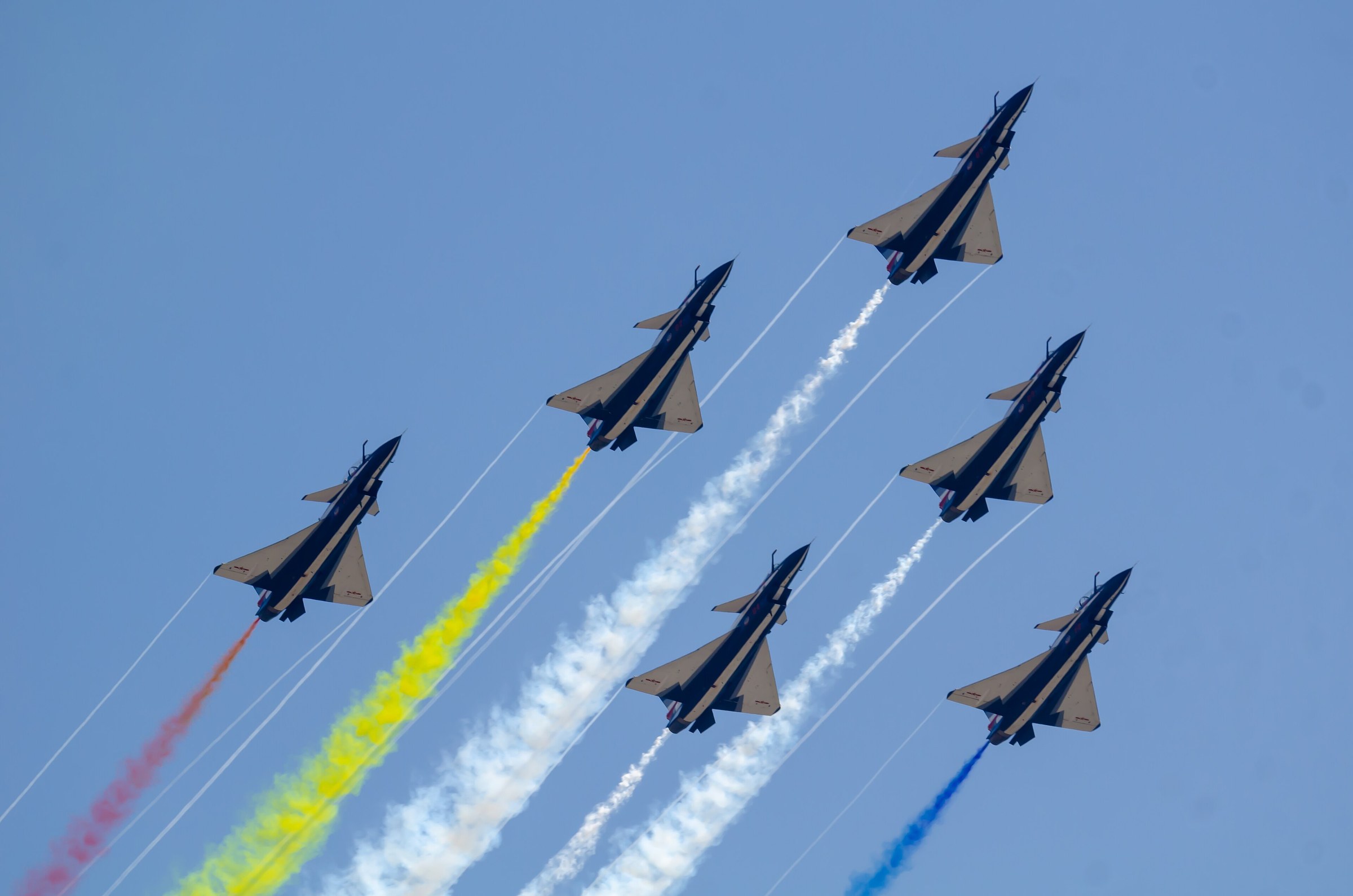 PLAAF August 1st aerobatic team J-10s with coloured smoke at Airshow China (Zhuhai) 2018