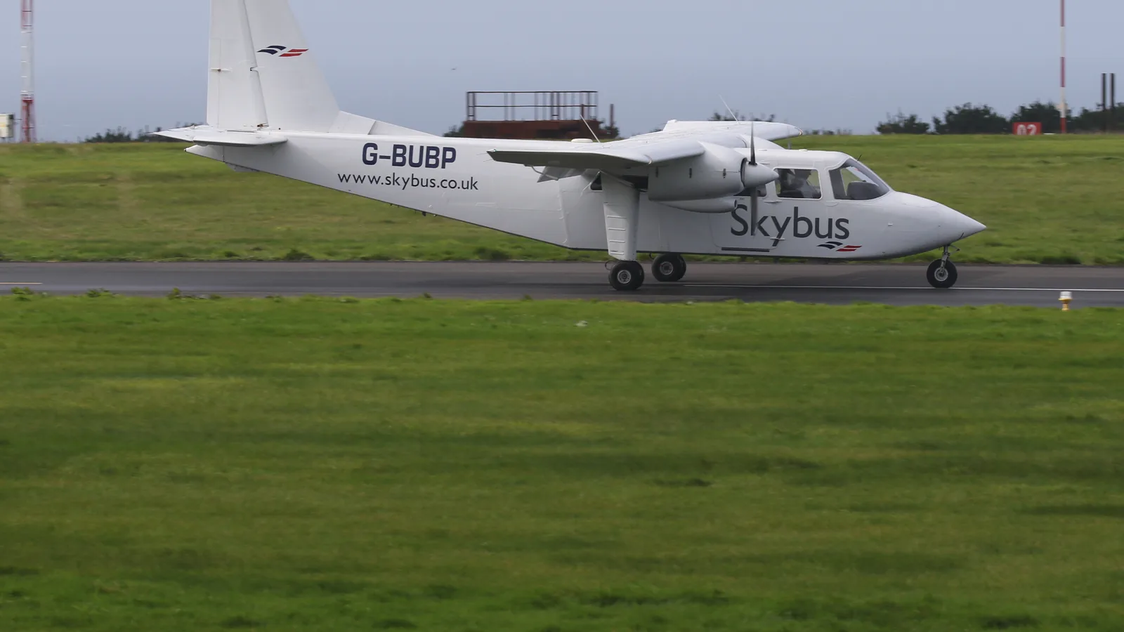 Skybus Britten-Norman Islander G-BUBP on the runway at Land's End Airport, Cornwall
