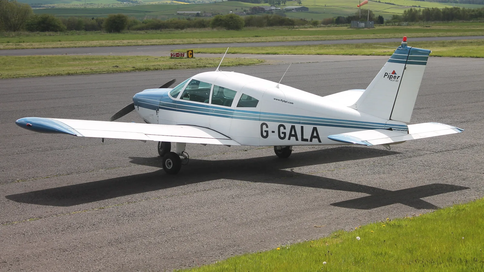 Piper PA-28 light aircraft G-GALA on the apron at Fife Airport, Glenrothes, Scotland