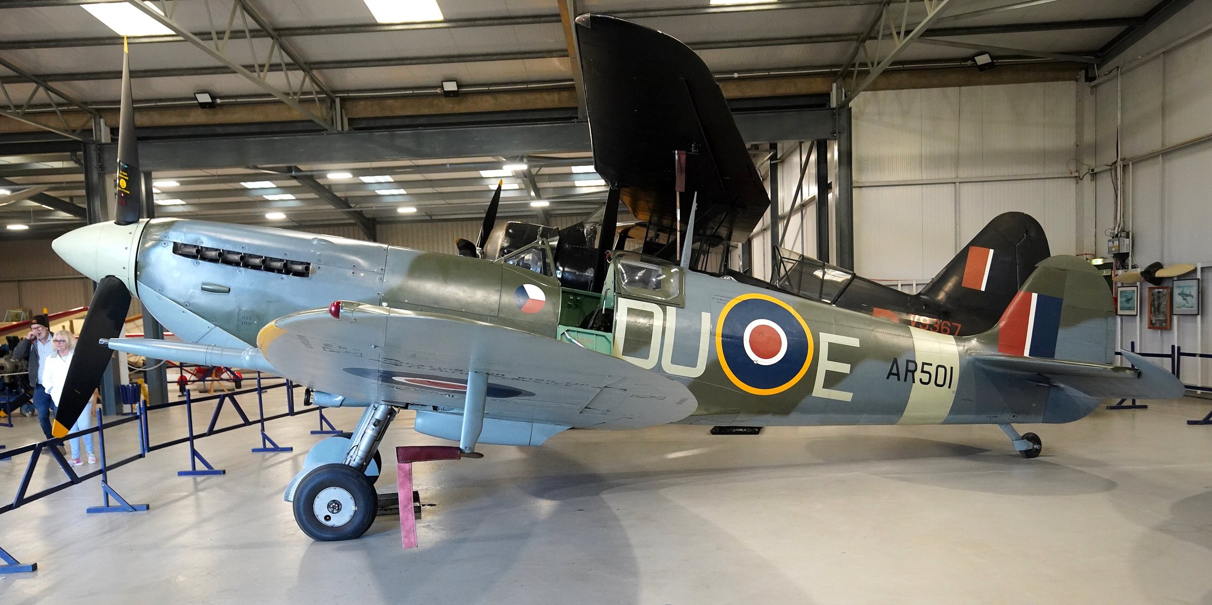 Fireworks Night at Shuttleworth – image Shuttleworth Collection's own Spitfire Vc AR501 in its hangar at Old Warden (the aircraft that does the engine run at this event)